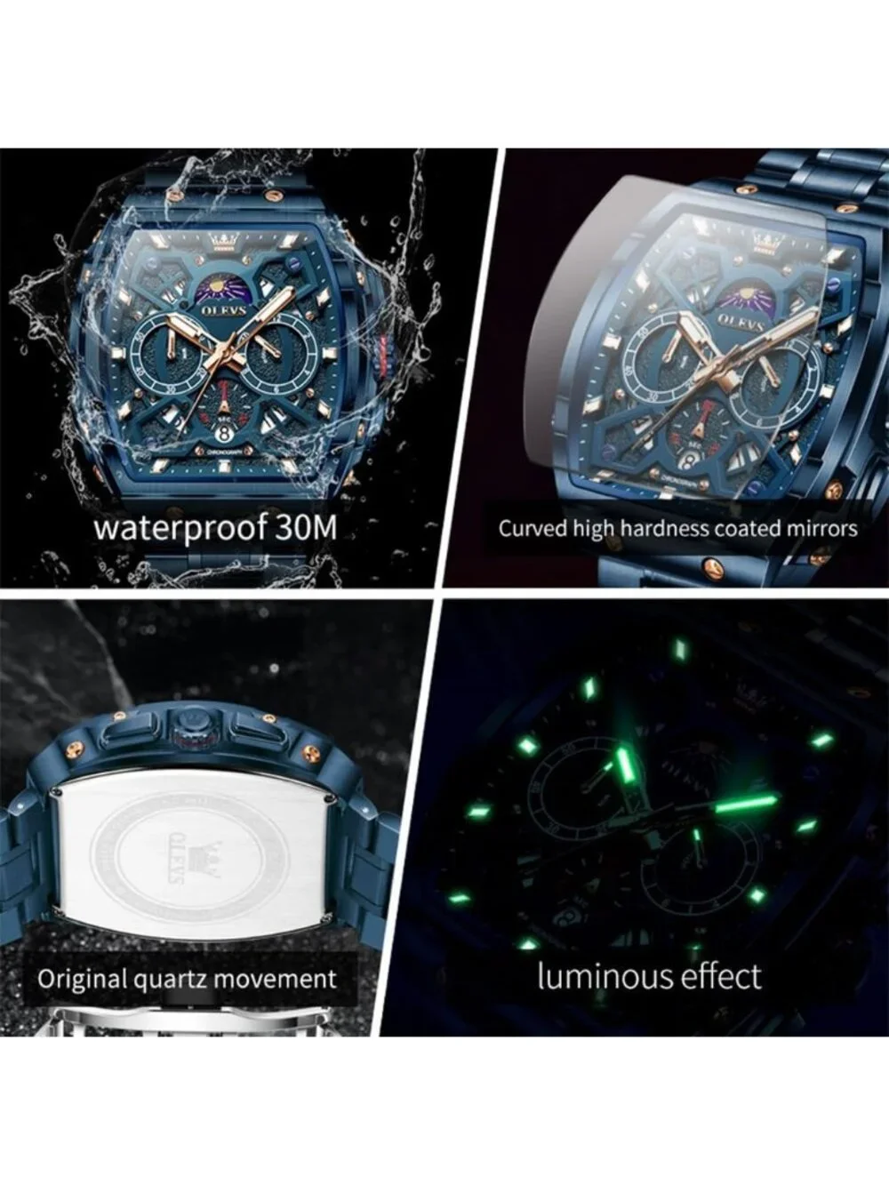 Men's Blue Chronograph Big Square Analog Stainless Steel Date Wrist Watch
